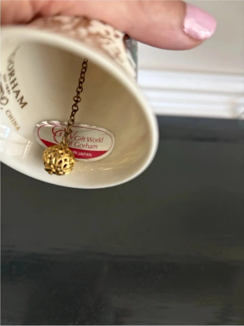 Gorham Cream and Gold Porcelain Holiday Bell with Sleigh Scene